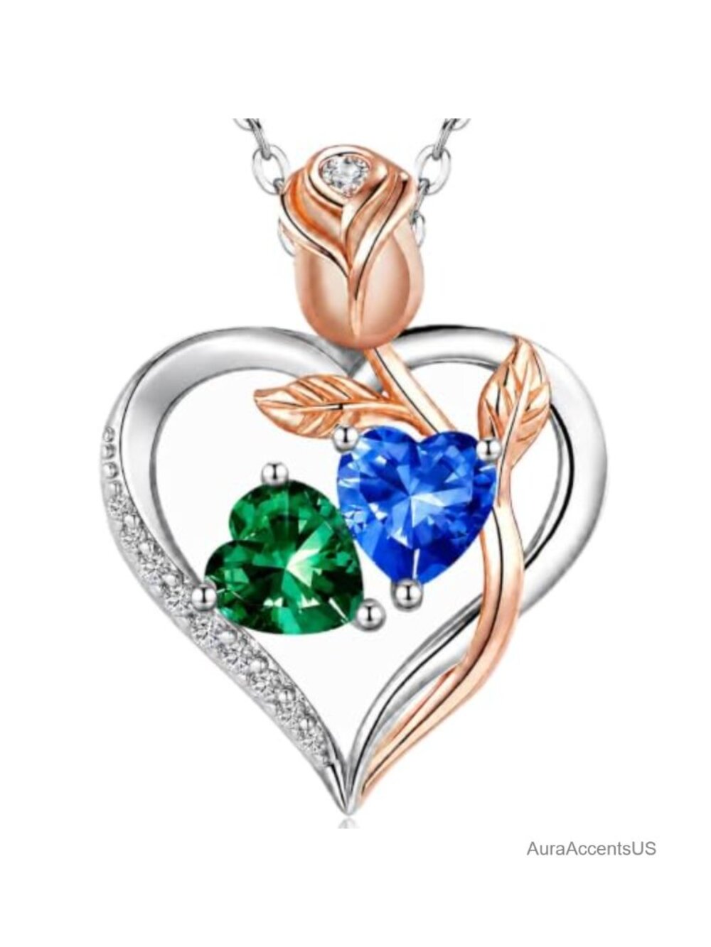 18K White Gold Plated Sapphire Emerald Heart Pendant Necklace Adjustable